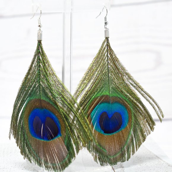 Skanky Hoops Jewelry - 3.5" Drop Peacock Feather Dangle Earrings